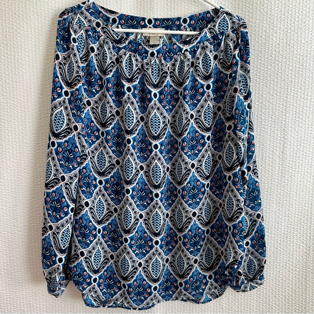 LOFT Blue Black White Paisley Print Long Sleeve Blouse Top Size Medium Work